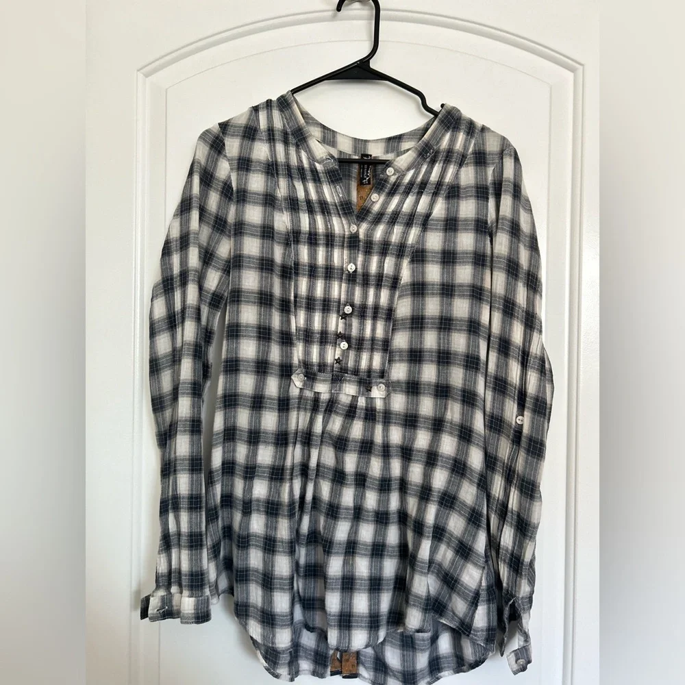 Free People Plaid Babydoll Button-Up Long Sleeve Shirt Size L boho cottagecore - Picture 4 of 11